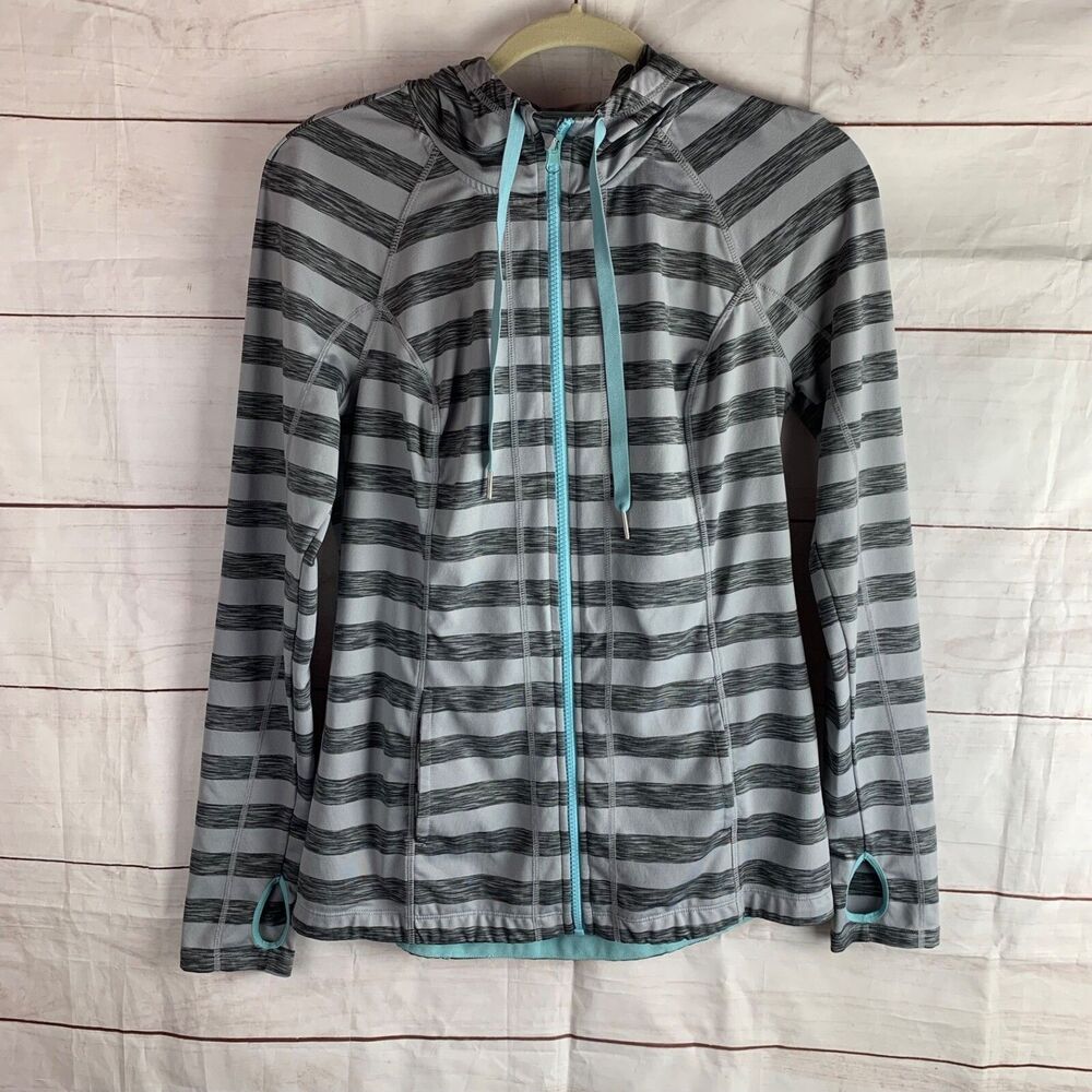 LUKKA Grey Blue Zip Stretch Sport Athletic Hoodie Medium 8 Hood thumbhole Pocket
